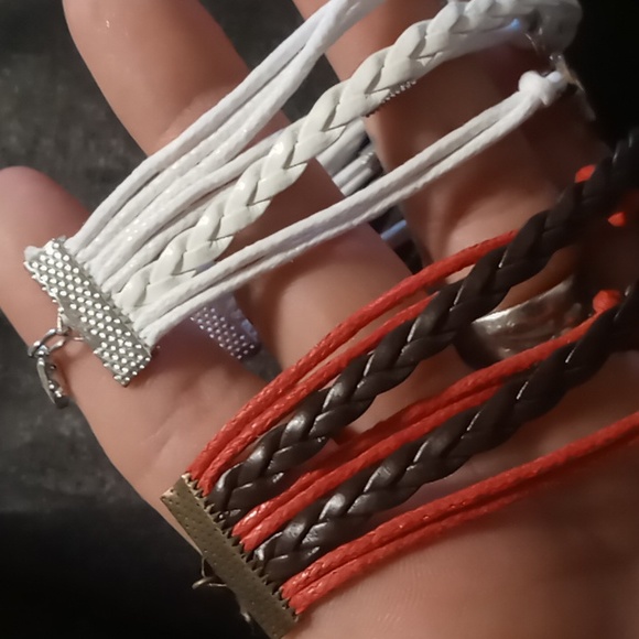 Leather braided layered charm bracelet. Red,brown,white. extendable - Picture 4 of 4